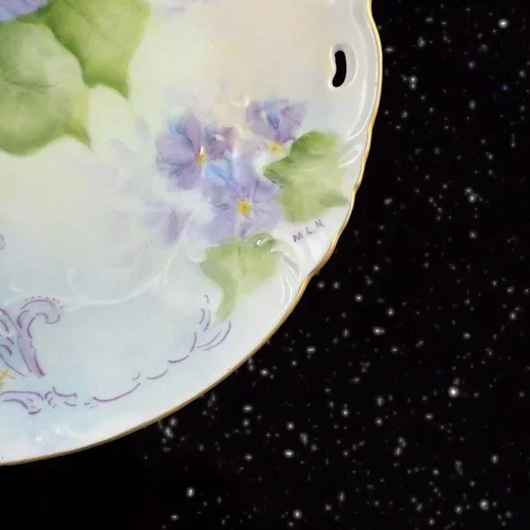 Antique Hand Painted Plate Dish Fine Porcelain Painted Purple Flowers Signed MLN Accents